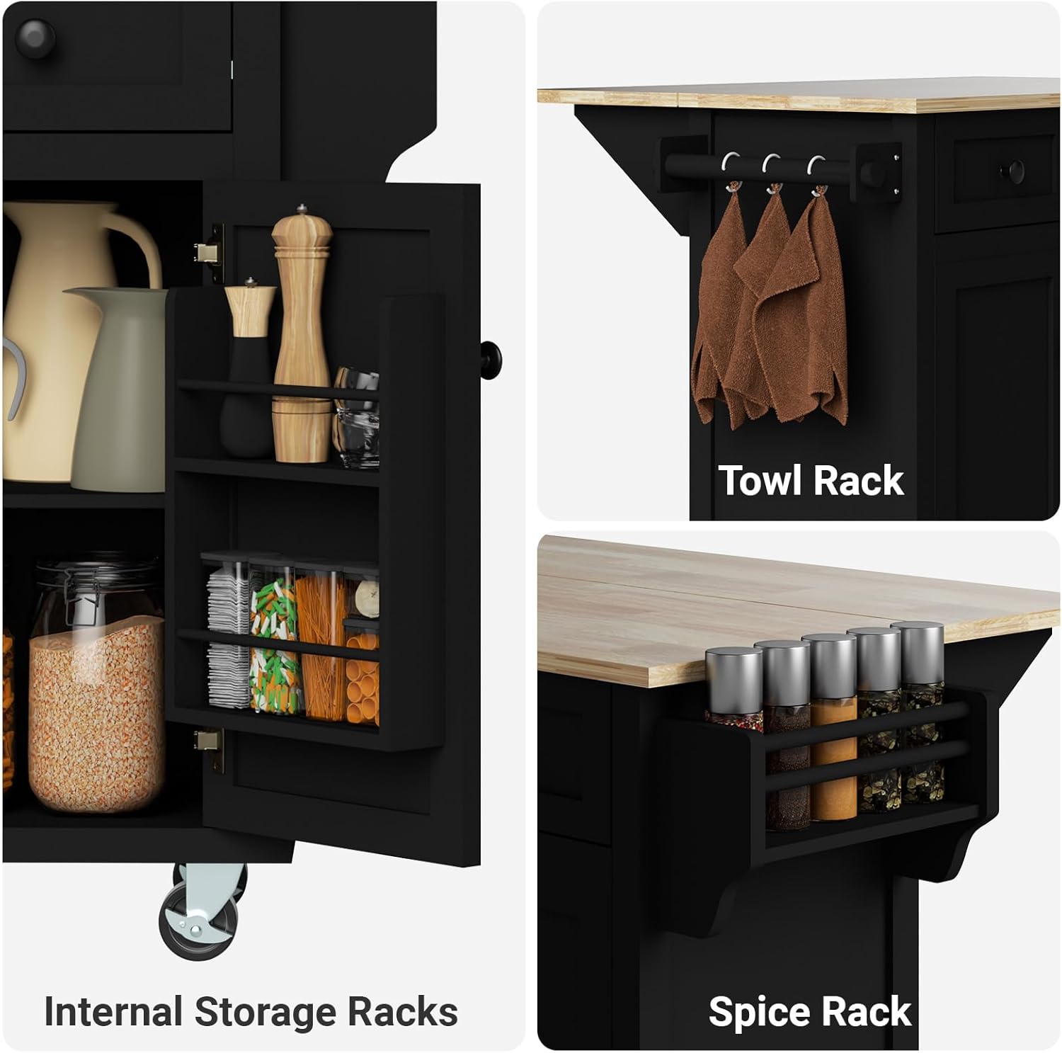 Rolling Kitchen Island with Drop Leaf, Storage, Drawer and Cabinet, 53in, Black C32769