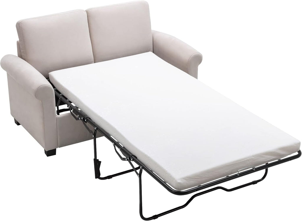 58.3" Pull Out Sofa Bed,Sleeper Sofa Bed with Premium Twin Size Mattress Pad,2-in-1 Pull Out Couch Bed,Loveseat Sleeper for Living Room,Small Apartment, Beige White