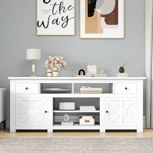 DWVO Farmhouse TV Stand with Power Outlet for TVs Up to 80 Inch, White P389