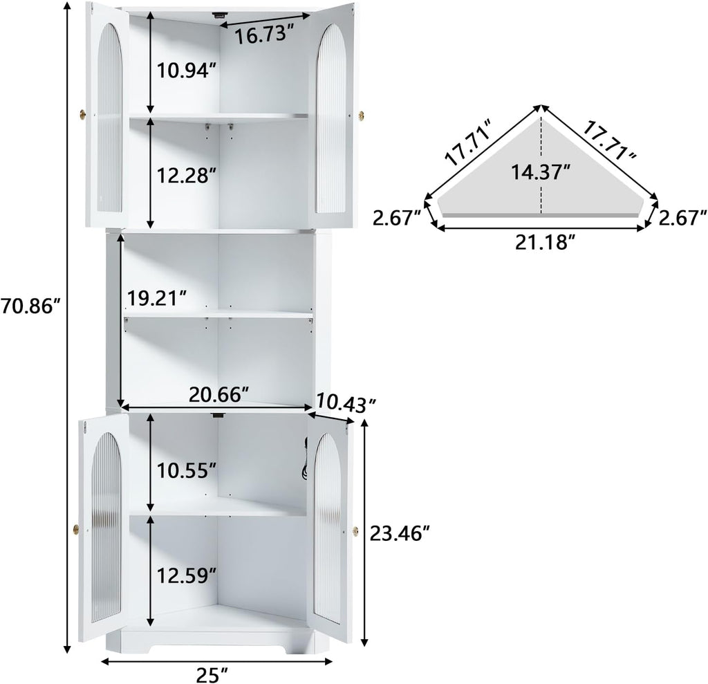 Corner Cabinet with 4 Glass Doors & LED, White Storage Cabinet with 6 Shelves X635813