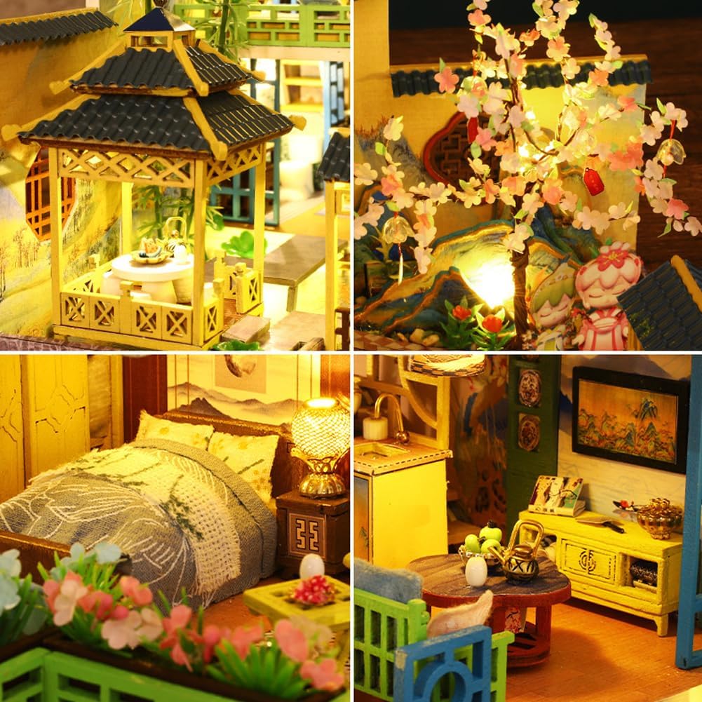 Miniature Chinese Style Three-Storey Villa Dollhouse Kit with Wooden Furniture X69681