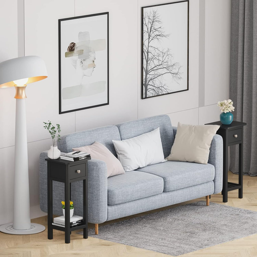 GORELAX Narrow End Table Set of 2 with Drawer & Shelf, Black V9015