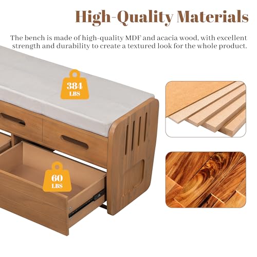 Rustic Wooden Storage Bench with 2 Drawers and Cushion, White O766