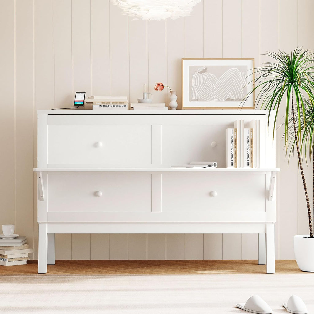 Queen Size Murphy Bed with USB Port & Removable Shelves, White X615961