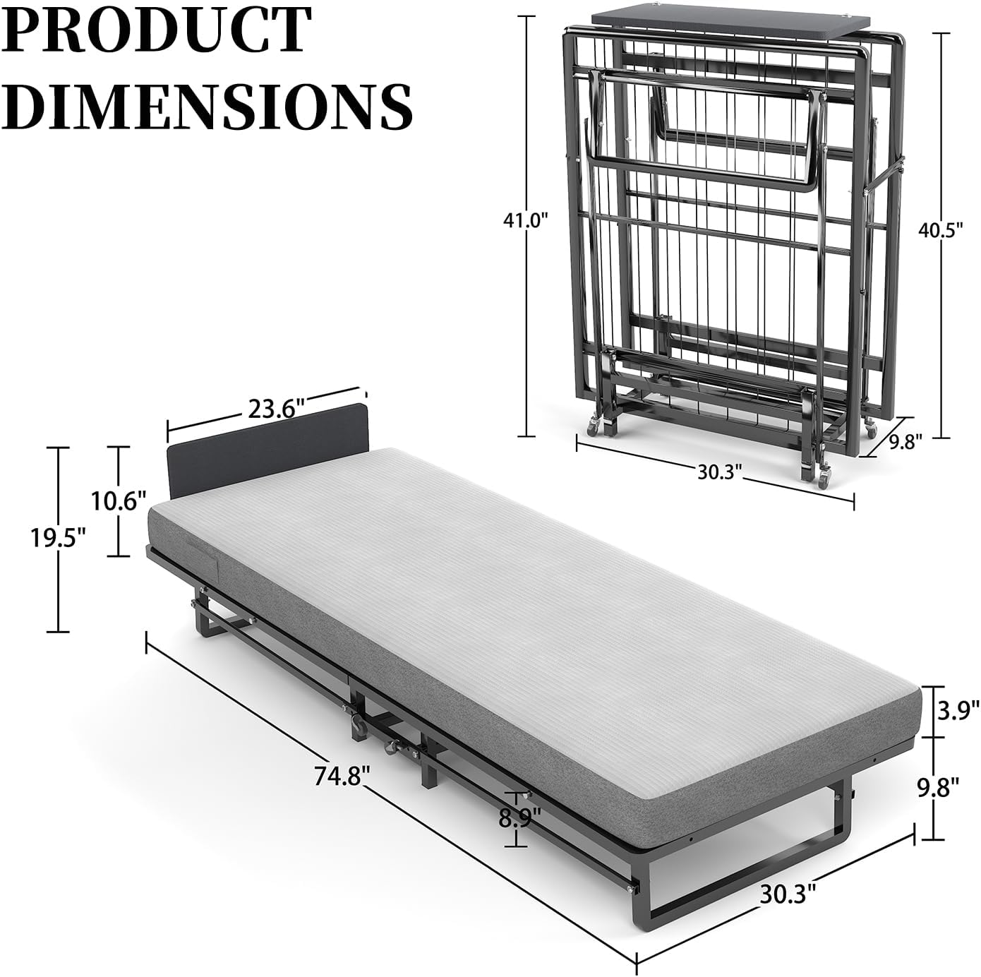 Folding Bed with 4-Inch Mattress, Metal Cot for Adults on Wheels F49016
