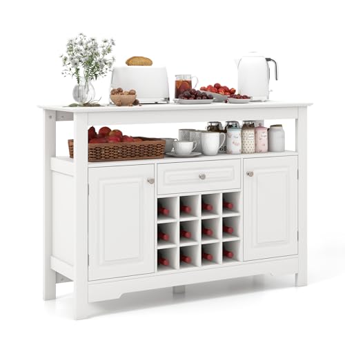Giantex Bar Cabinet with Storage, Buffet Sideboard w/ 12-Bottle Removable Wine Rack, 2 Doors & Drawer, Multipurpose Wine Liquor Coffee Cabinet for Kitchen, Dining Room, Living Room, Entryway (White)