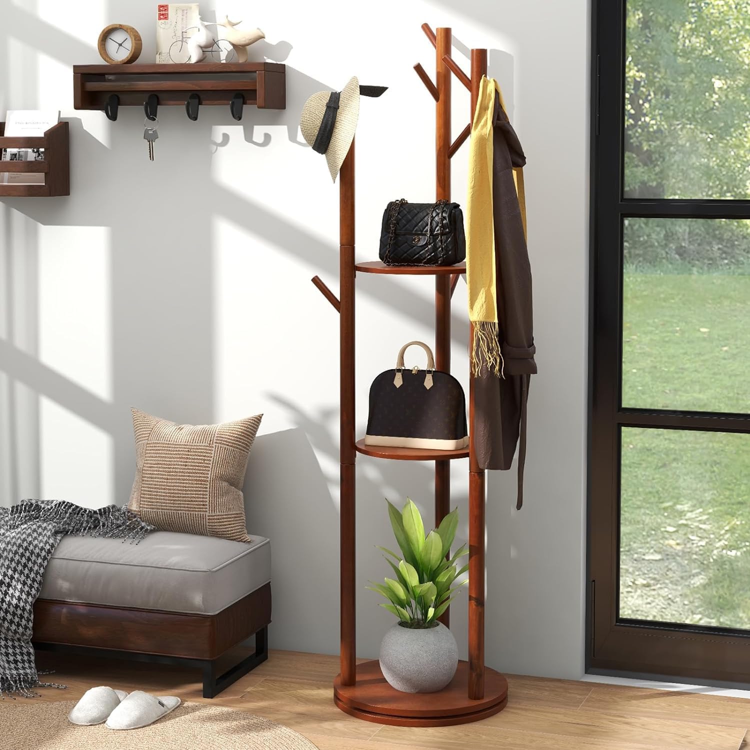Rotary Coat Rack, Wooden Freestanding with 3 Shelves and 9 Hooks, Walnut F8917