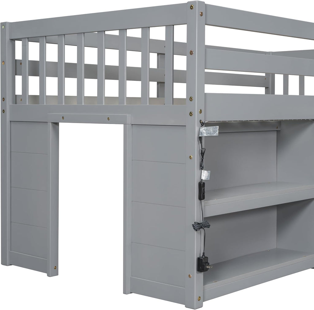 Grey LED Twin Size Low Loft Bed for Kids with Storage Shelves H3282