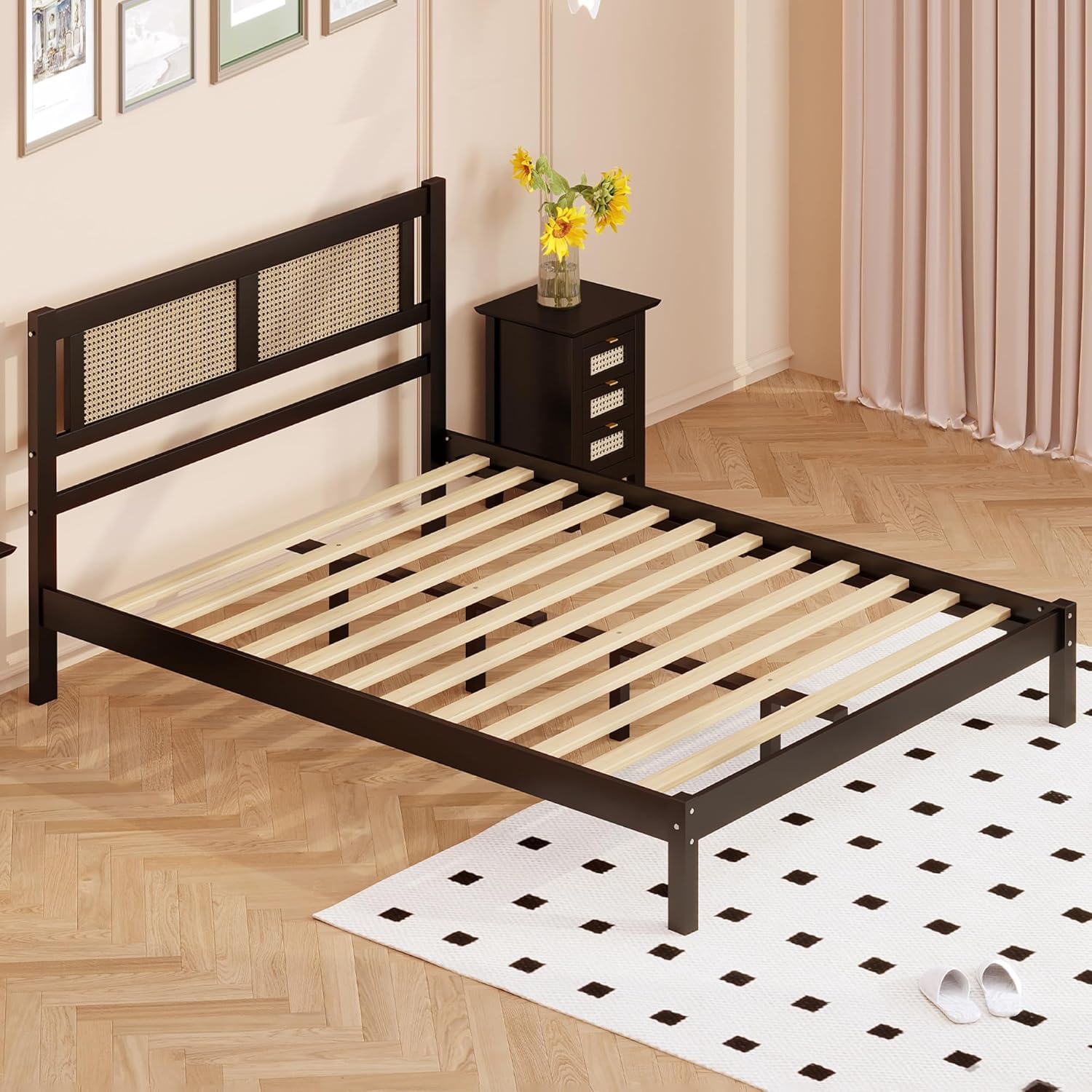 Queen Size Wooden Platform Bed with Rattan Headboard Black C842062