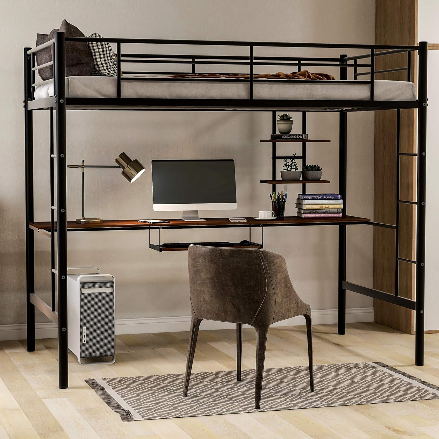 MERITLINE Metal High Loft Bed, Twin with Desk and Storage Shelf, Black J431