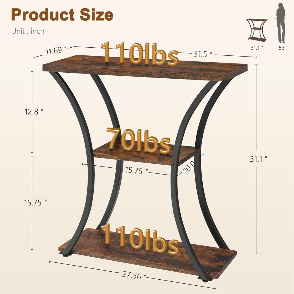 Hoctieon 3 Tier Console Table with Open Wood Shelves, Curved Metal Frames, Rustic Brown+Black E862