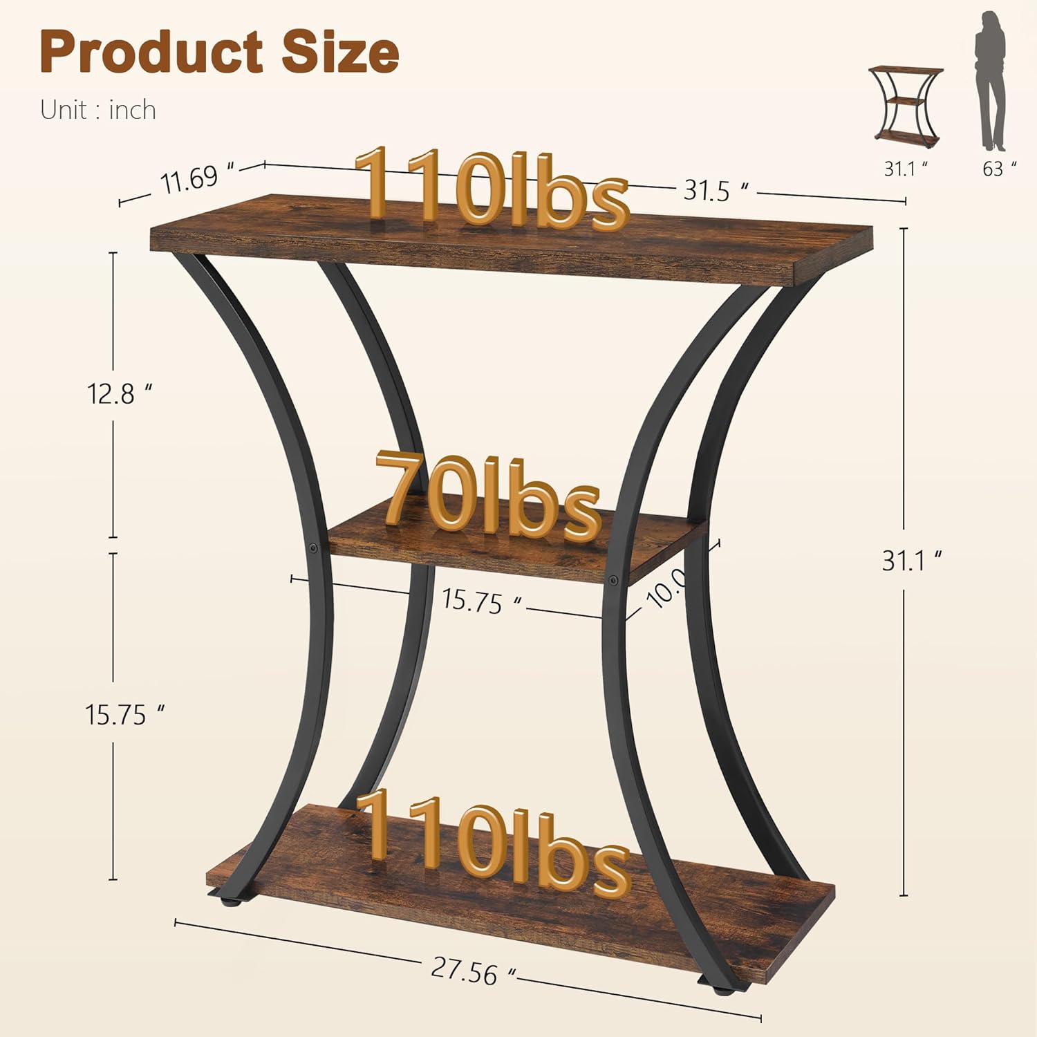 Hoctieon 3 Tier Console Table with Open Wood Shelves, Curved Metal Frames, Rustic Brown+Black E862