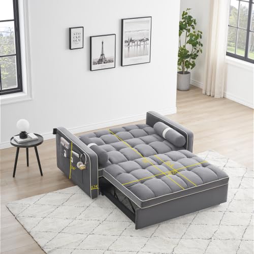 55" Modern Velvet Sleeper Sofa Couch with Pull Out Bed, Gray K15046