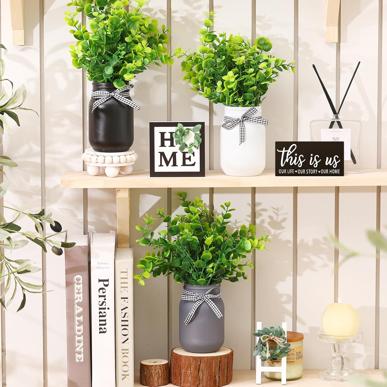Jexine 12 Pcs Eucalyptus Mason Jar Table Centerpieces Farmhouse Tiered Tray Decor J83133