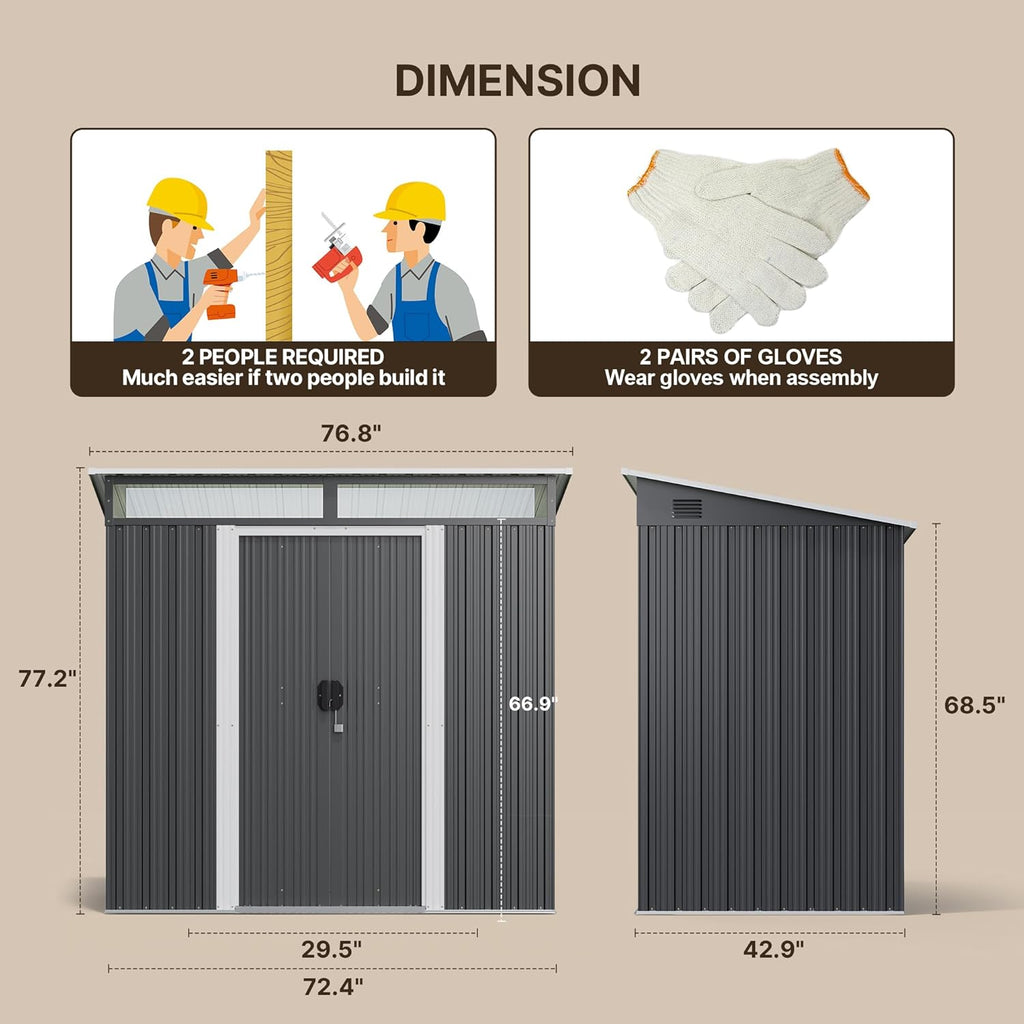 Gizoon 6' x 4' Outdoor Storage Shed with Sliding Doors, Metal with Anchors, Dark Gray C218669
