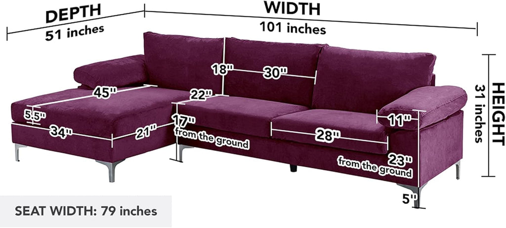 Casa Andrea Milano Modern Velvet L-Shape Sectional Sofa with Chaise Lounge, Purple G208402