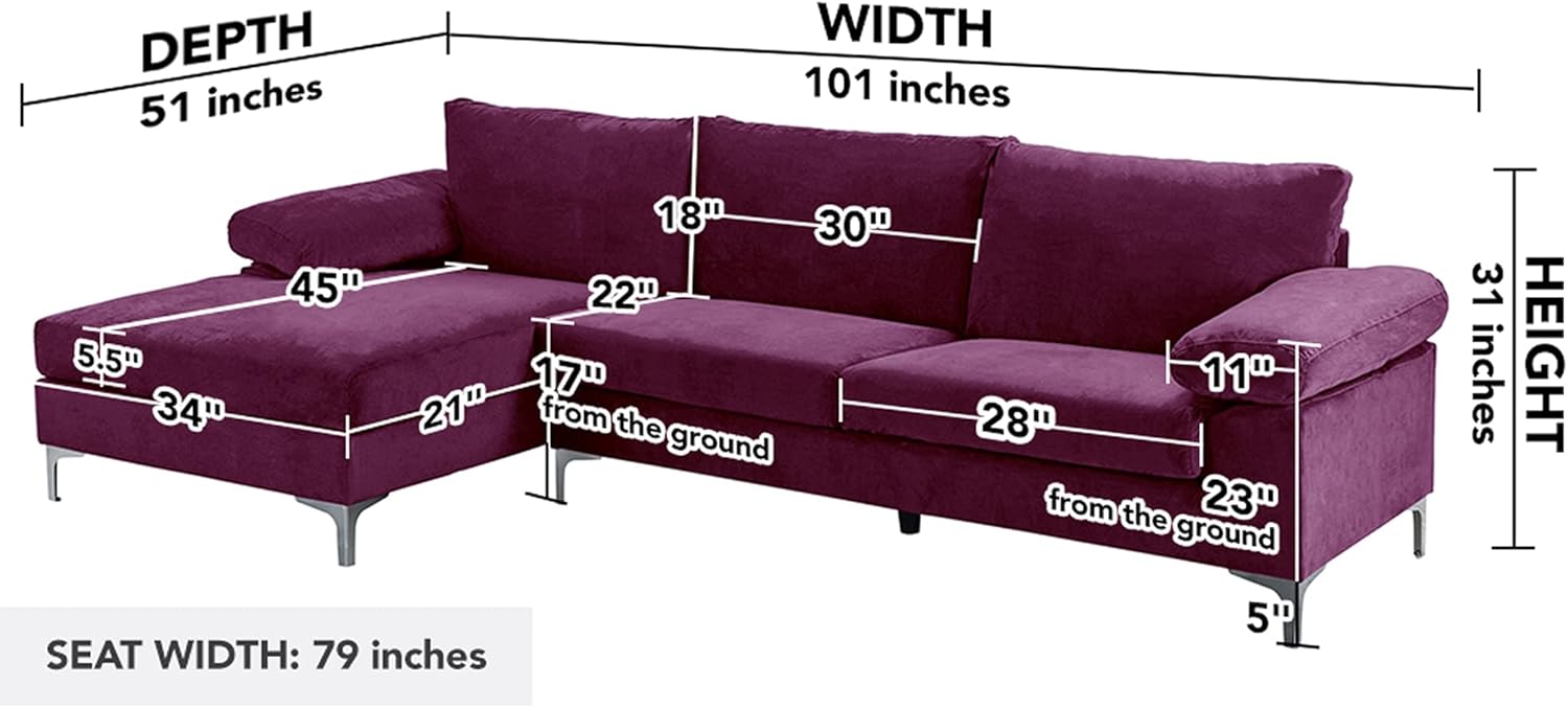 Casa Andrea Milano Modern Velvet L-Shape Sectional Sofa with Chaise Lounge, Purple G208402