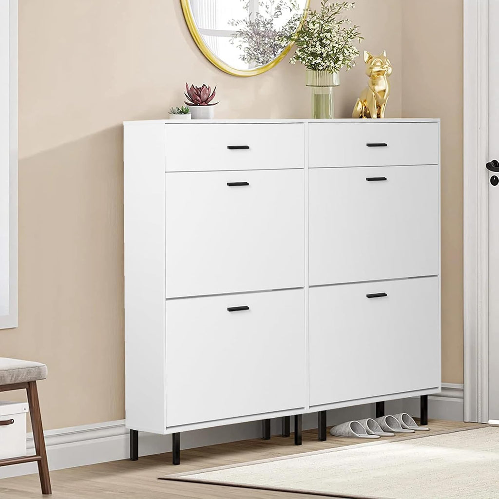 Slim Shoe Cabinet with 2 Flip Drawers White Wooden Storage for Entryway T152
