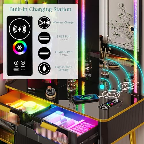 RGB LED Vanity Desk with Mirror and Lights, Charging Station, Black Q4438