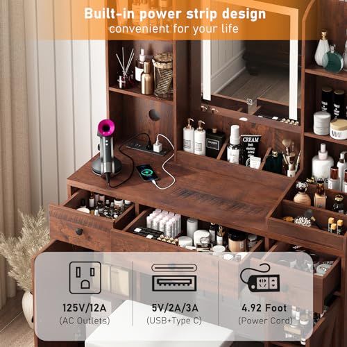 Farmhouse Vanity Desk with Outlet & Stool, White LED Makeup Vanity Set J721107