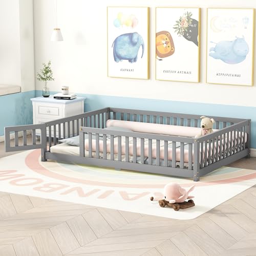 Montessori Floor Bed with Safety Fence, Solid Wood, Gray G24661