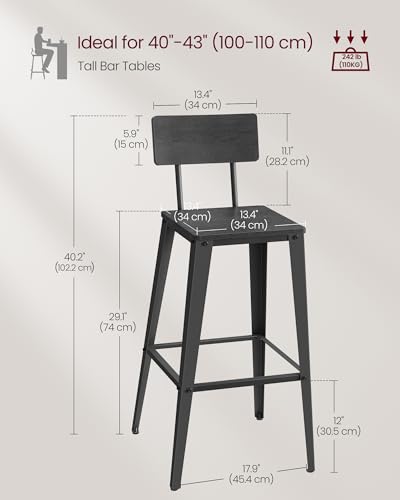 VASAGLE Set of 2 Bar Stools with Back, Steel Frame, Industrial Style, Ash Black and Ink Black I1524