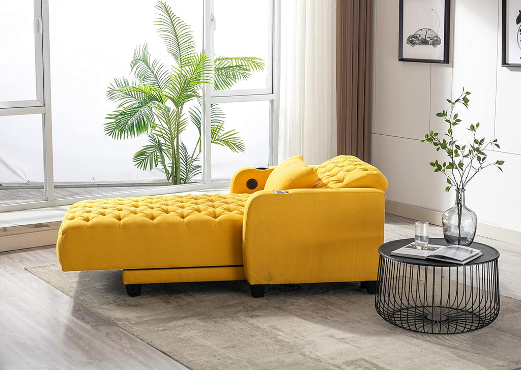 Button Tufted Chaise Lounge Sofa Bed with Pillow, Yellow P345