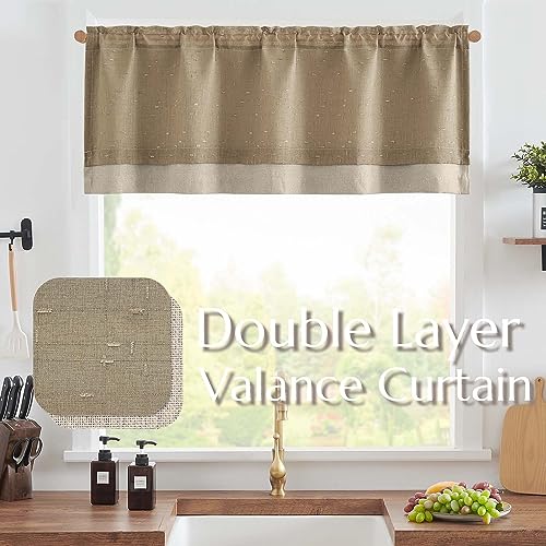 jinchan Linen Sheer Valance Double Layer Leaf Embroidered Kitchen Curtain 18 Inch Beige N884706