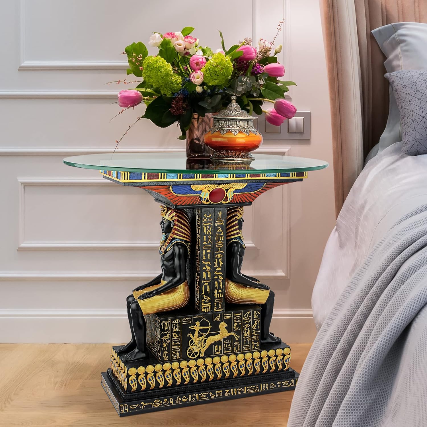 Design Toscano TUT Egyptian Pharaoh Glass-Topped Sculptural Table O795