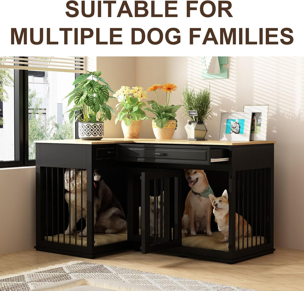 Large Corner Dog Crate Furniture for 2 Dogs, 51" Wooden Kennel with Double Rooms, Black A4644