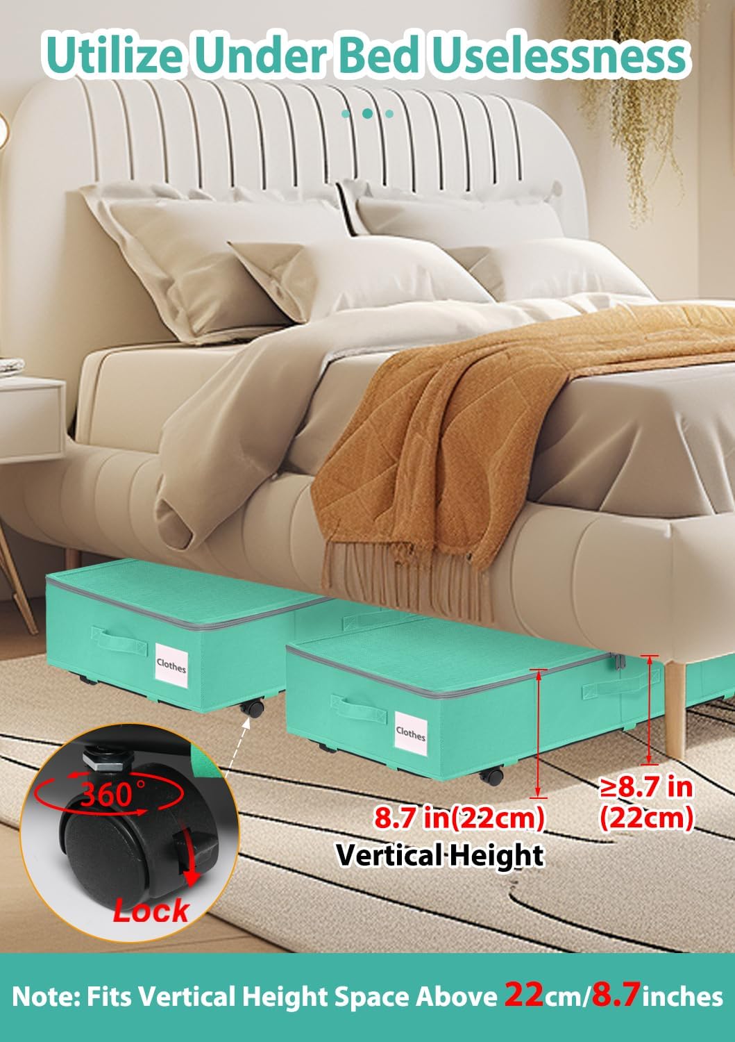 punemi Under Bed Storage Containers with Wheels, 2 Pack Large Foldable, Teal Blue Z4517