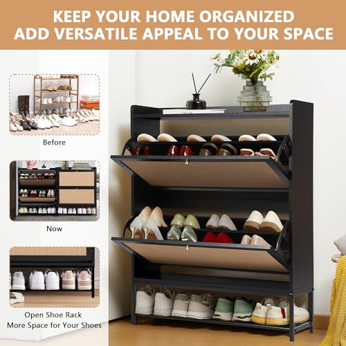 LEVNARY Shoe Cabinet Set of 2, Wooden Narrow Shoe Racks with 2 Flip Drawers, Walnut U726126