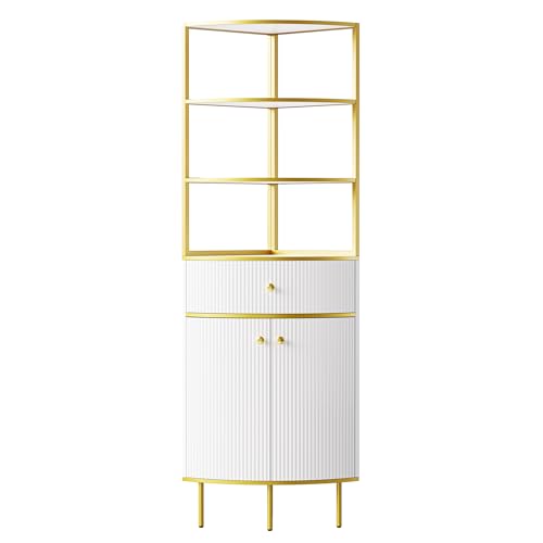 Modern Tall Corner Cabinet with Storage, White and Gold Metal Frame M43487