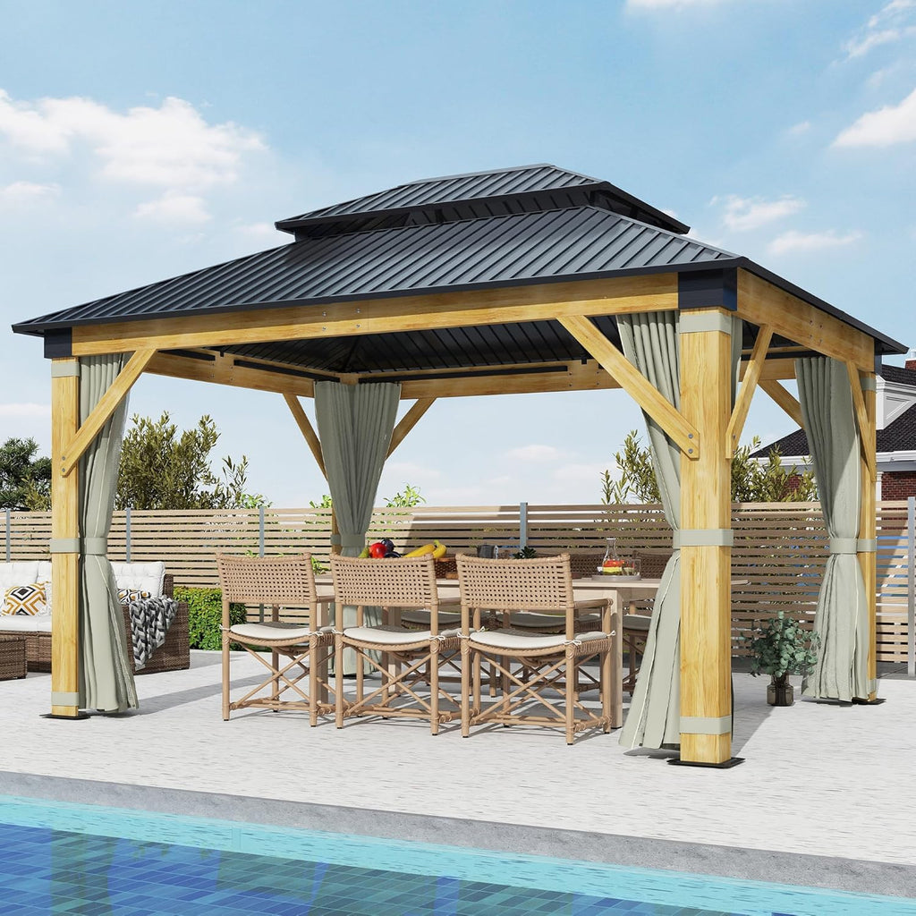 11'x13' Patio Wooden Gazebo with Galvanized Steel Roof and Olive Green Curtains U943705