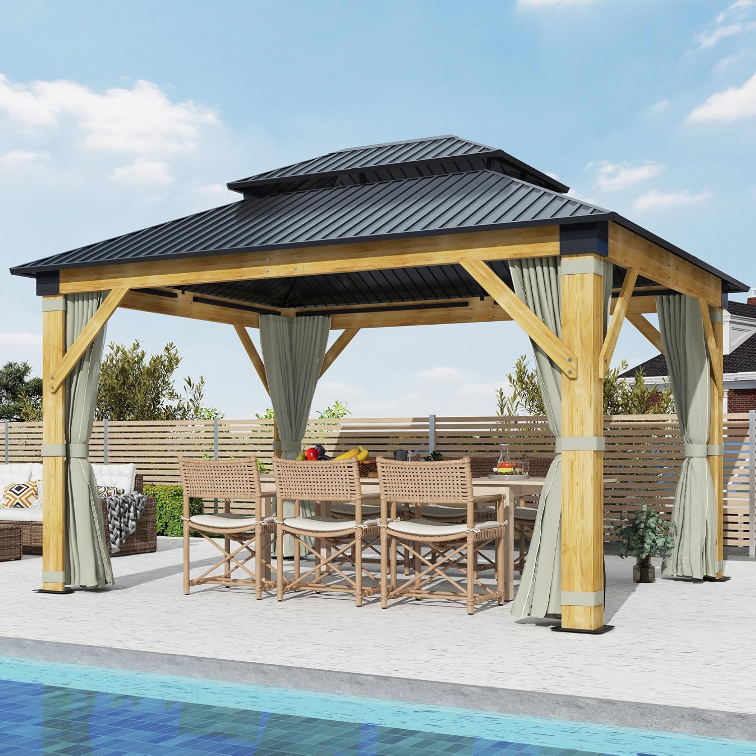 11'x13' Patio Wooden Gazebo with Galvanized Steel Roof and Olive Green Curtains U943705