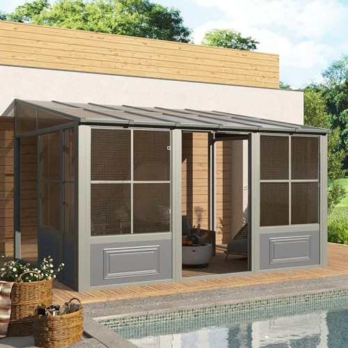 EROMMY 10' x 16' Wall Mounted Sunroom Gazebo with Aluminum Frame and Polycarbonate Roof S765