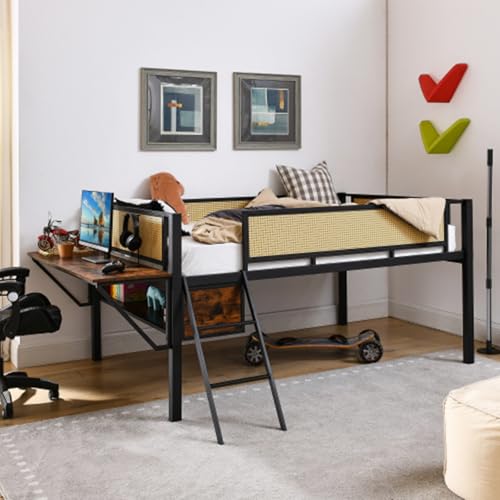 Metal Loft Bed with LED Lights and Desk B7125