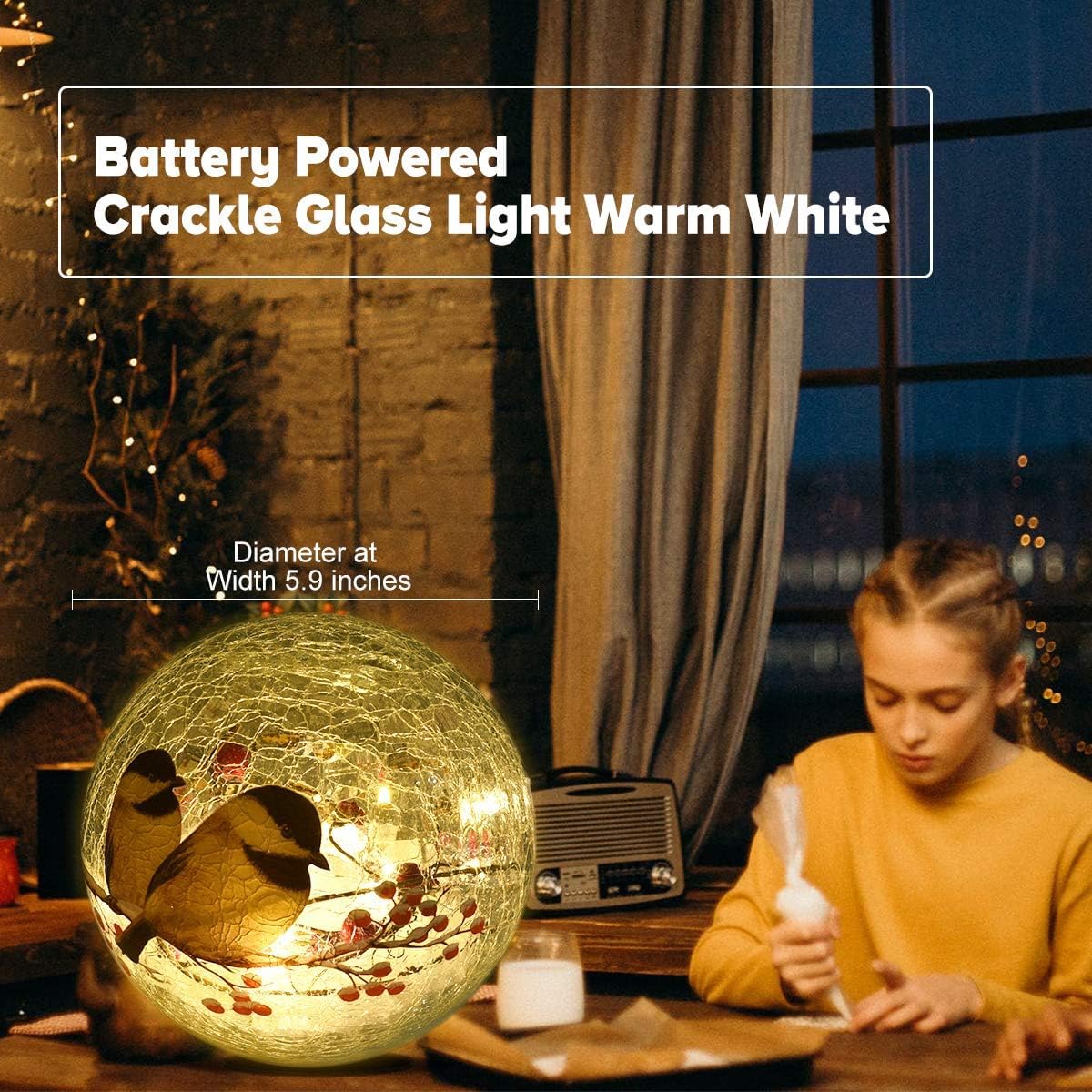 Glass Ball LED Night Lamp with Timer, 2 Birds on a Tree, Battery Powered R11635