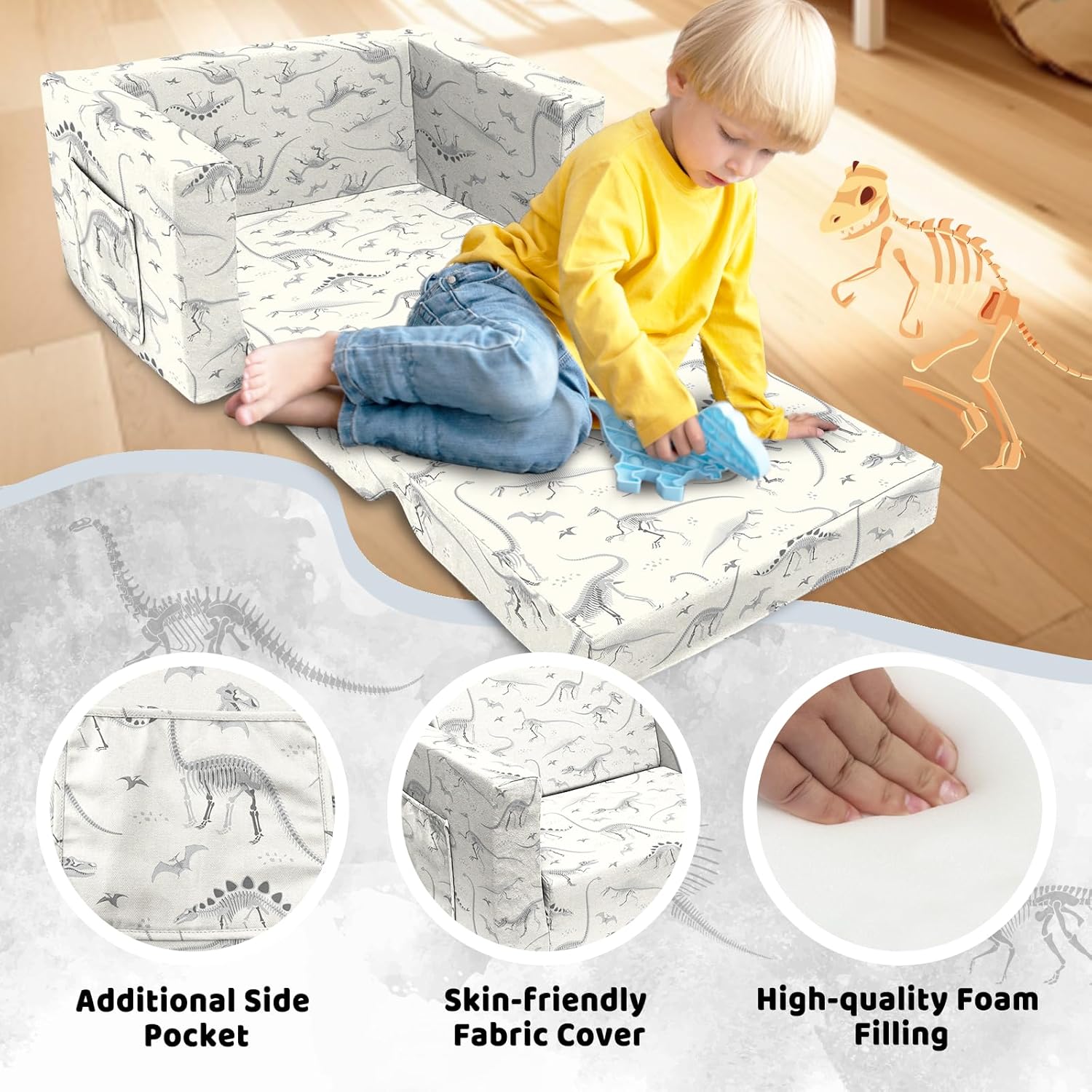 Convertible Kids Sofa Sleeper Bed with Dinosaur Print, 2 Seats Q6312