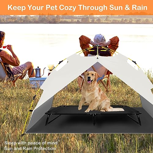 Elevated Raised Dog Bed Cot with Canopy Shade Tent & Bolster, Portable Indoor Outdoor for Small Medium Dogs T5918