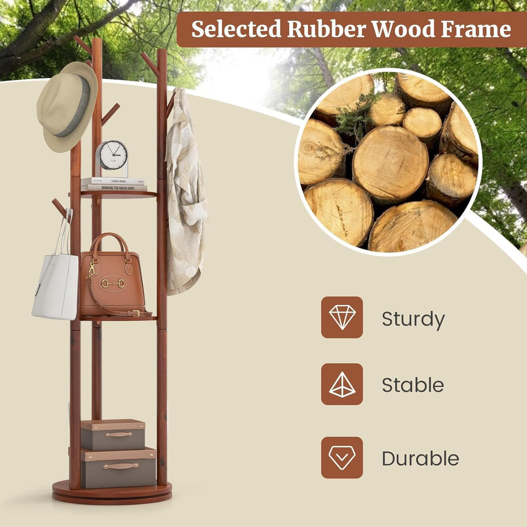Rotary Coat Rack, Wooden Freestanding with 3 Shelves and 9 Hooks, Walnut F8917