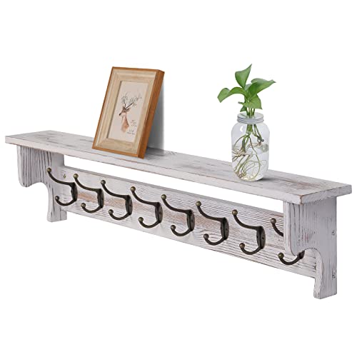 35" Wall Mount Coat Rack with Shelf, Rustic Wooden Entryway Organizer, White B979806
