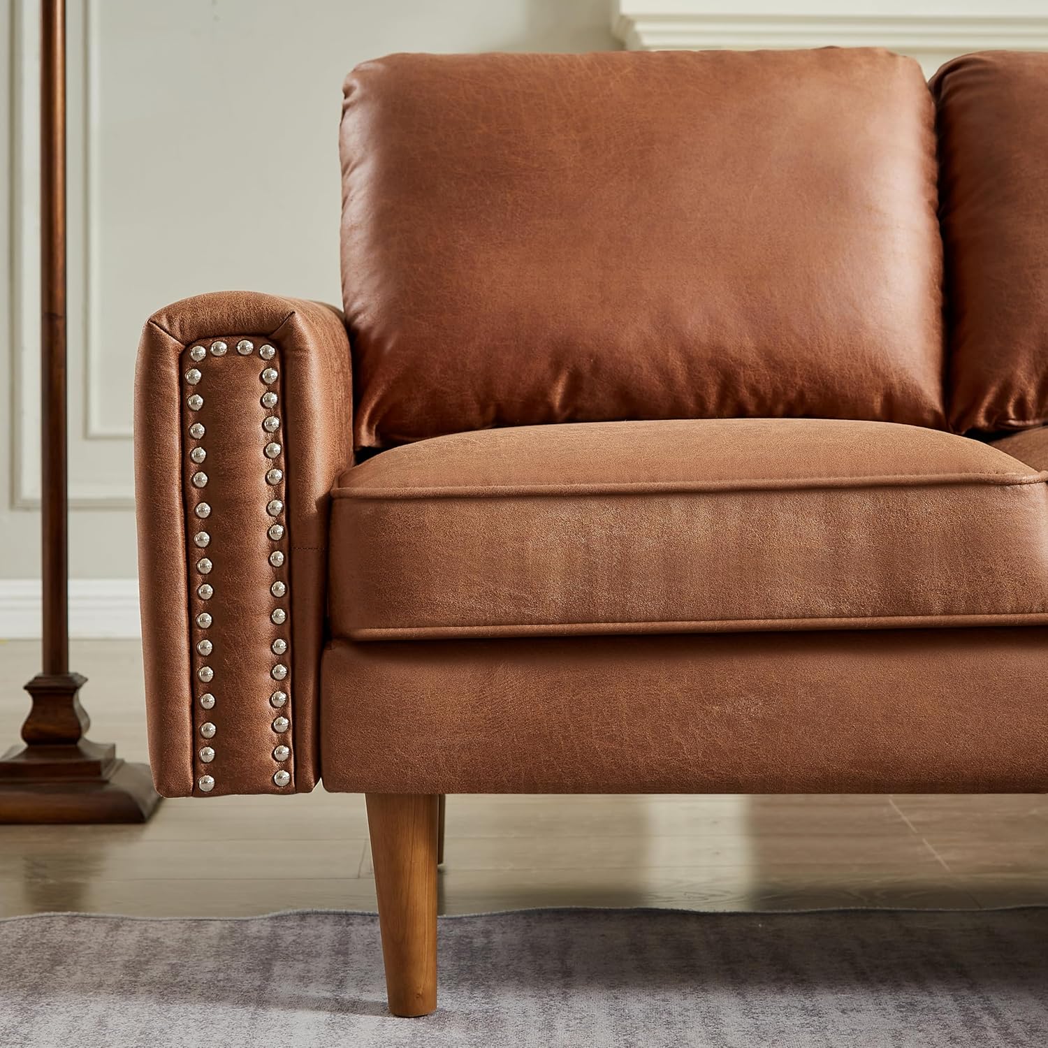 Lifeand 82.2" L-Shape Sofa Couch with Chaise, Mid-Century Copper Nail on Arms, Brown Q393