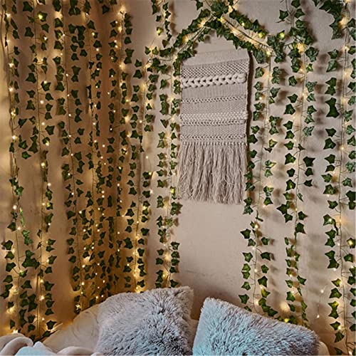 Fake Vines for Room Decor Artificial Ivy Garland with 100 LED String Light Hanging Plants Faux Greenery Leaves Bedroom Aesthetic Decor for Home Garden Wall Wedding (6Pack with 100LED) S98010