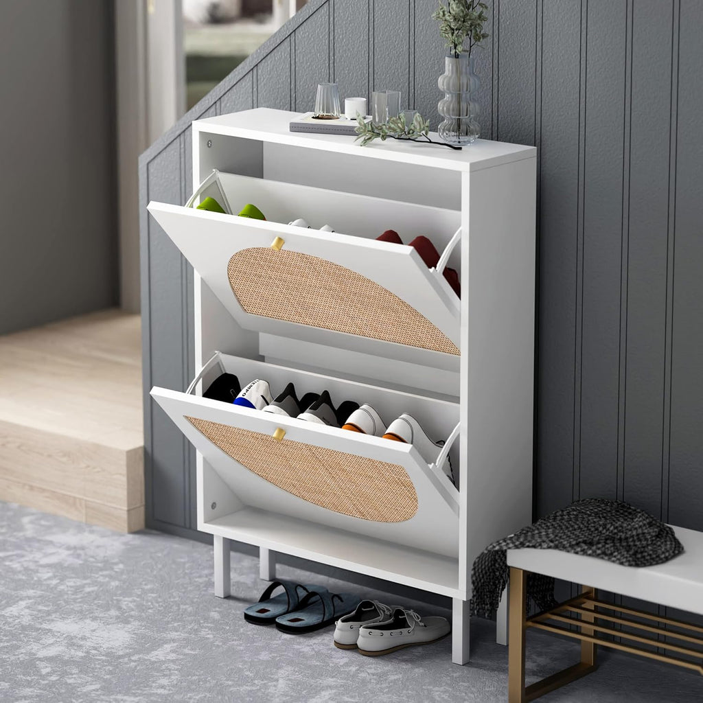 Rattan 2-Drawer Shoe Cabinet Modern Freestanding Shoe Rack Organizer Wooden Entryway Narrow Shoe Storage Cabinet w/Natural Rattan Flip Doors for Closet Hallway Small Space(1 Pack-White)