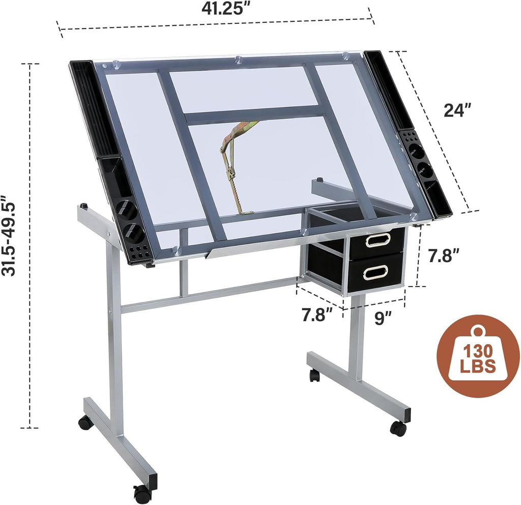 Height Adjustable Drafting Table with Storage Drawers and Wheels L24262