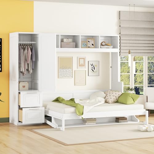 Merax, Gray Size Murphy Bed Wall, Queen+Closet+Drawers