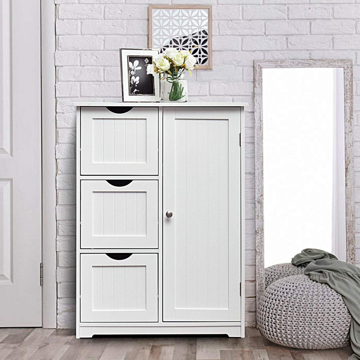 Freestanding Bathroom Floor Cabinet with 3 Drawer Storage White C680