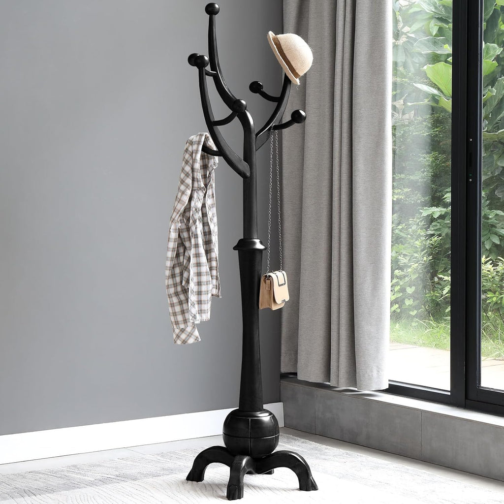 Heavy Duty Coat Rack Freestanding Wood Tree Rack with 8 Hooks, Unique Design Tree Branch-look, Premium Coat Tree Clothes Hanger Stand with Sphere Base for Entryway, Hallway, Bedroom-Load 160lbs Black