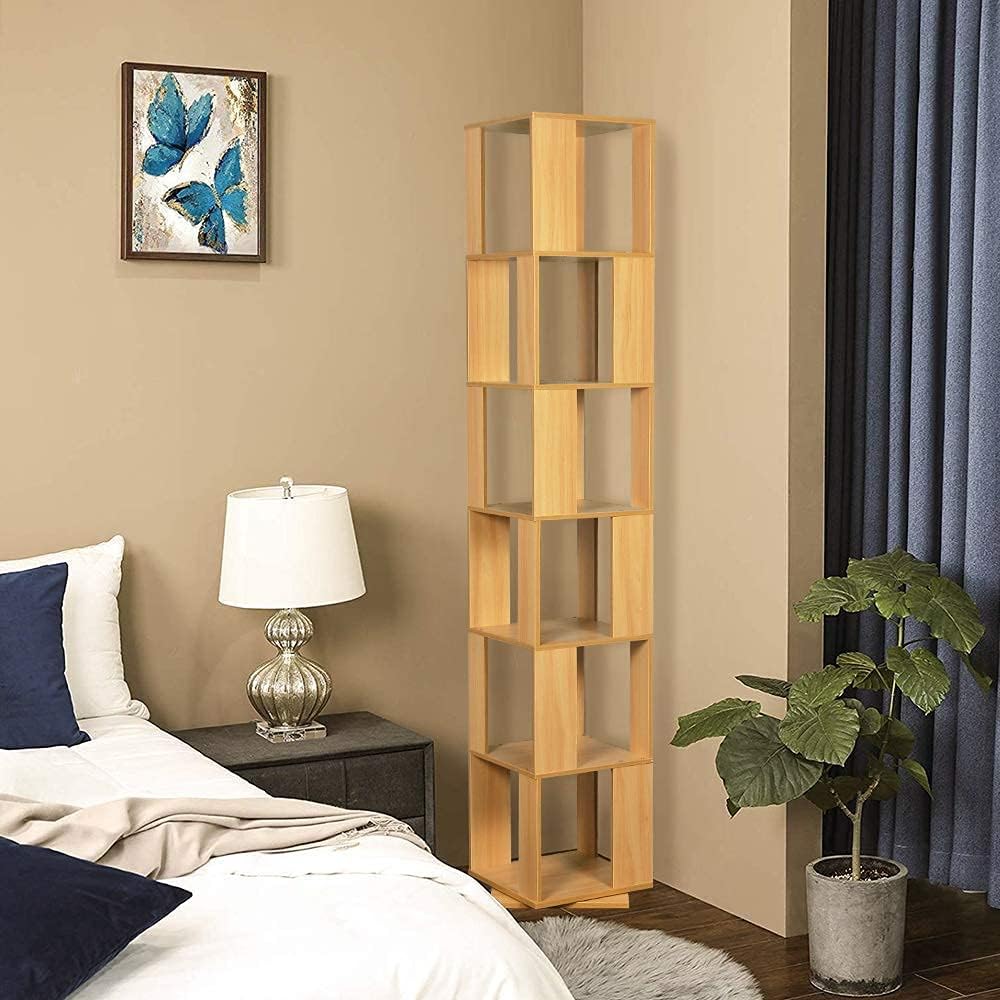 Rotating 6-Tier Wooden Corner Storage Rack Bookcase, Walnut U1265
